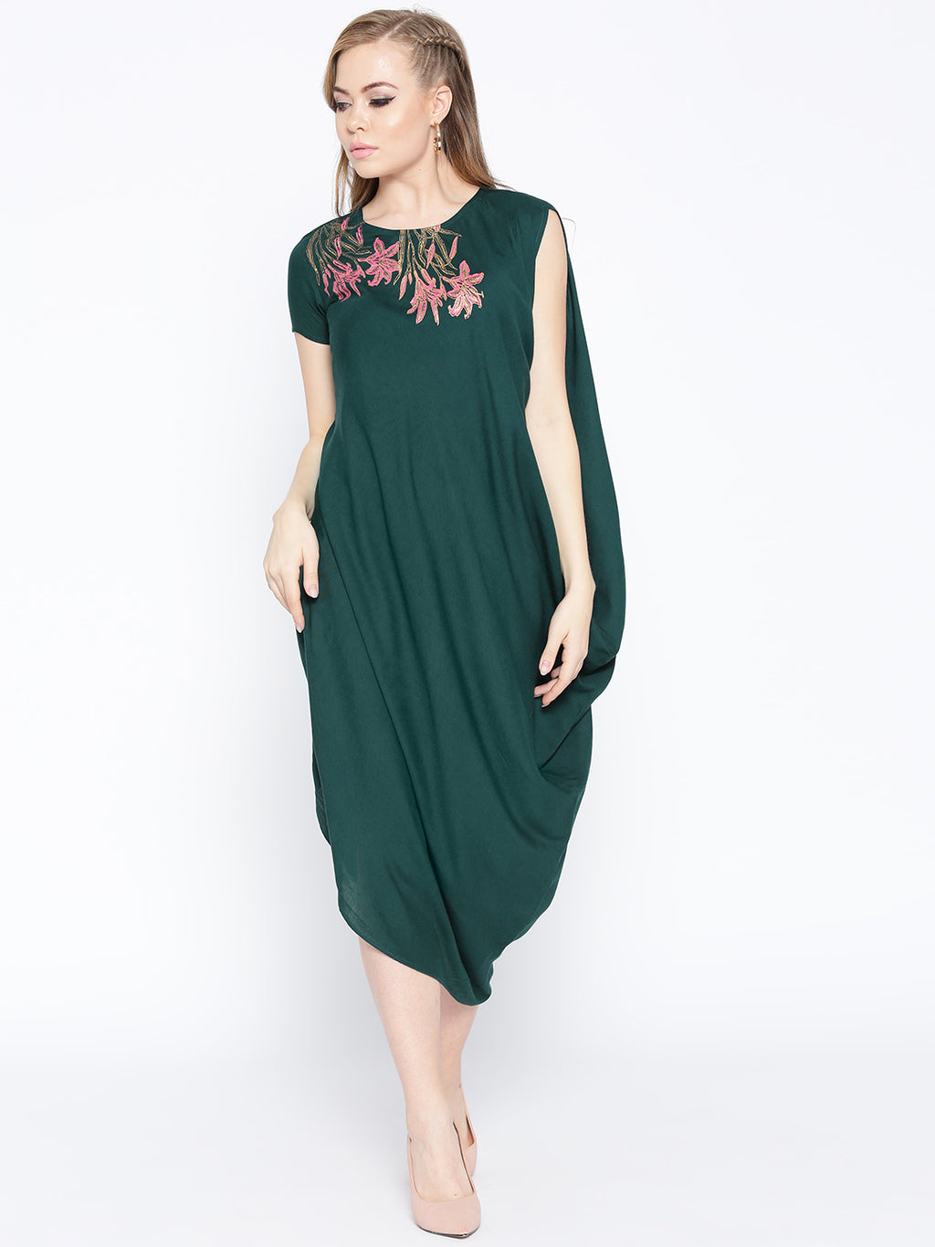 One side cowl asymettric dress with side floral print