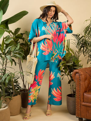 Anti Fit Kaftan Top with Pants in Mint Blue Big Floral Print
