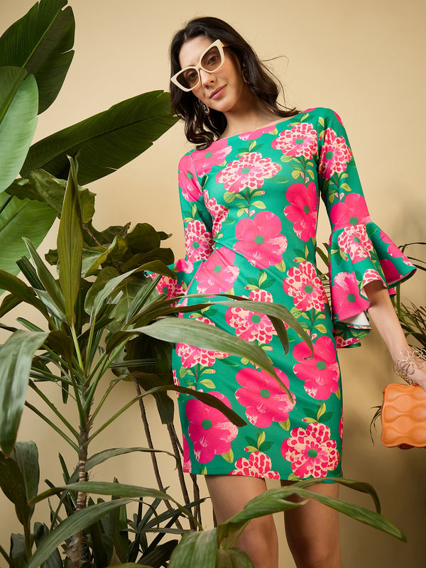 Bell Sleeve printed mini Dress in Green & Pink Flower Print