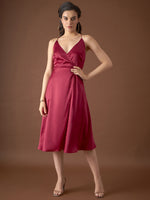 Overlap neck Flared midi Dress in Maroon Color
