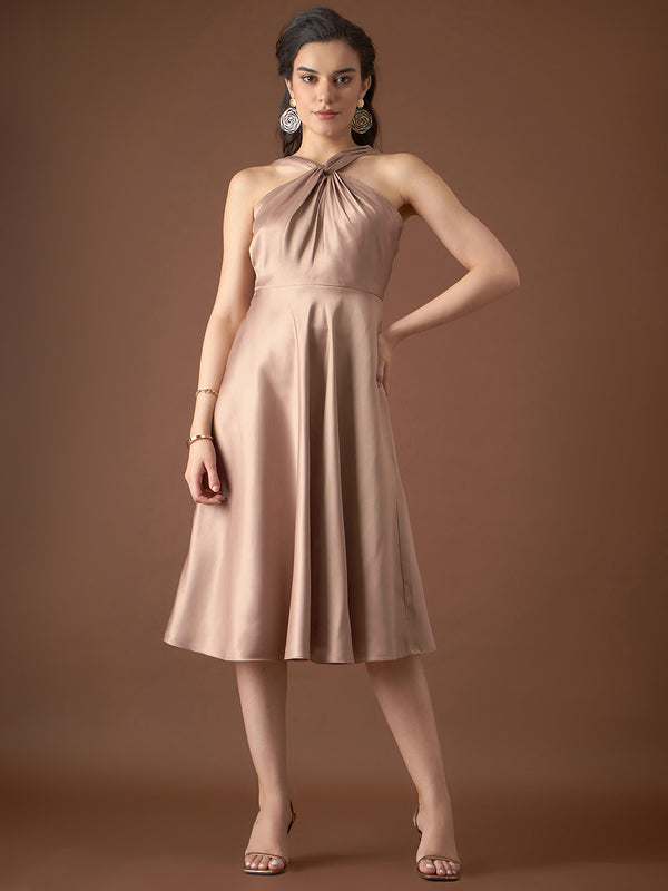 Off shoulder Flare yoke and U hem maxi dress in Rose Color