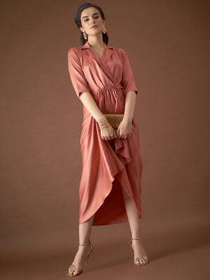 Shirt Dress with front Drape in Rust Color
