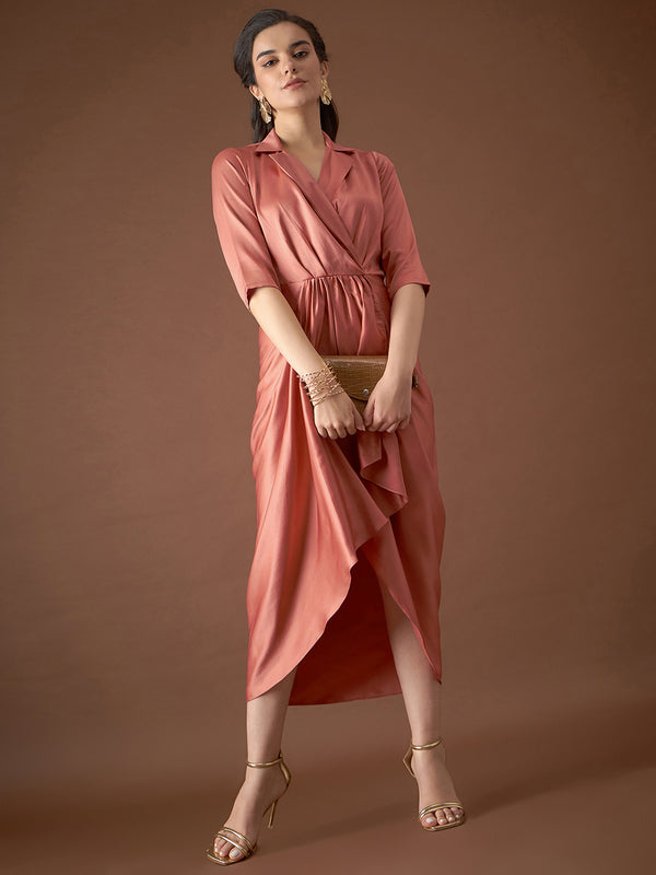 Shirt Dress with front Drape in Rust Color