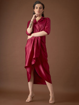 Shirt Dress with front Drape in Maroon Color