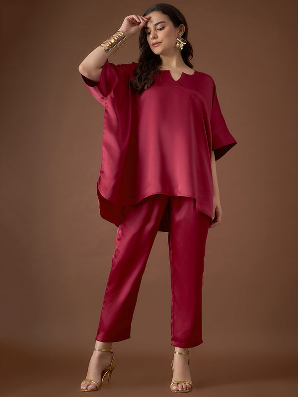 Anti Fit Kaftan Top with Pants in Maroon Color