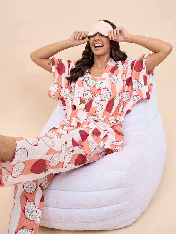 Kurta Pyjama with Kaftan Overlay Set in Peach and Pink Dragonfruit Print