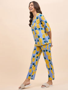 Kurta Pyjama Set in Blue and Yellow Pineapple Print