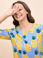 Kurta Pyjama Set in Blue and Yellow Pineapple Print