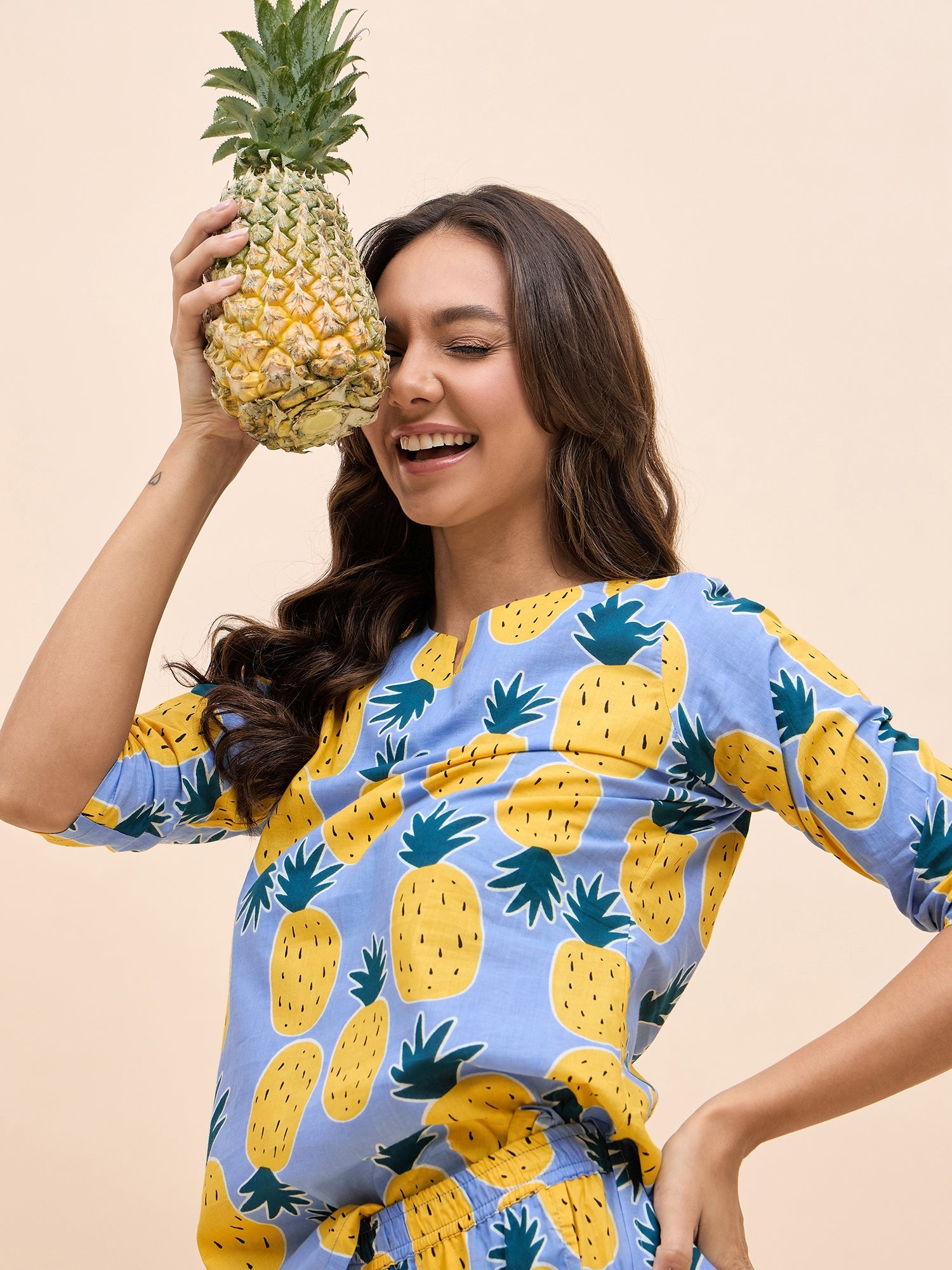 Kurta Pyjama Set in Blue and Yellow Pineapple Print