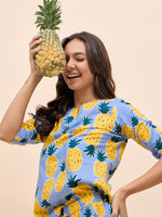 Kurta Pyjama Set in Blue and Yellow Pineapple Print