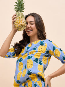 Kurta Pyjama Set in Blue and Yellow Pineapple Print