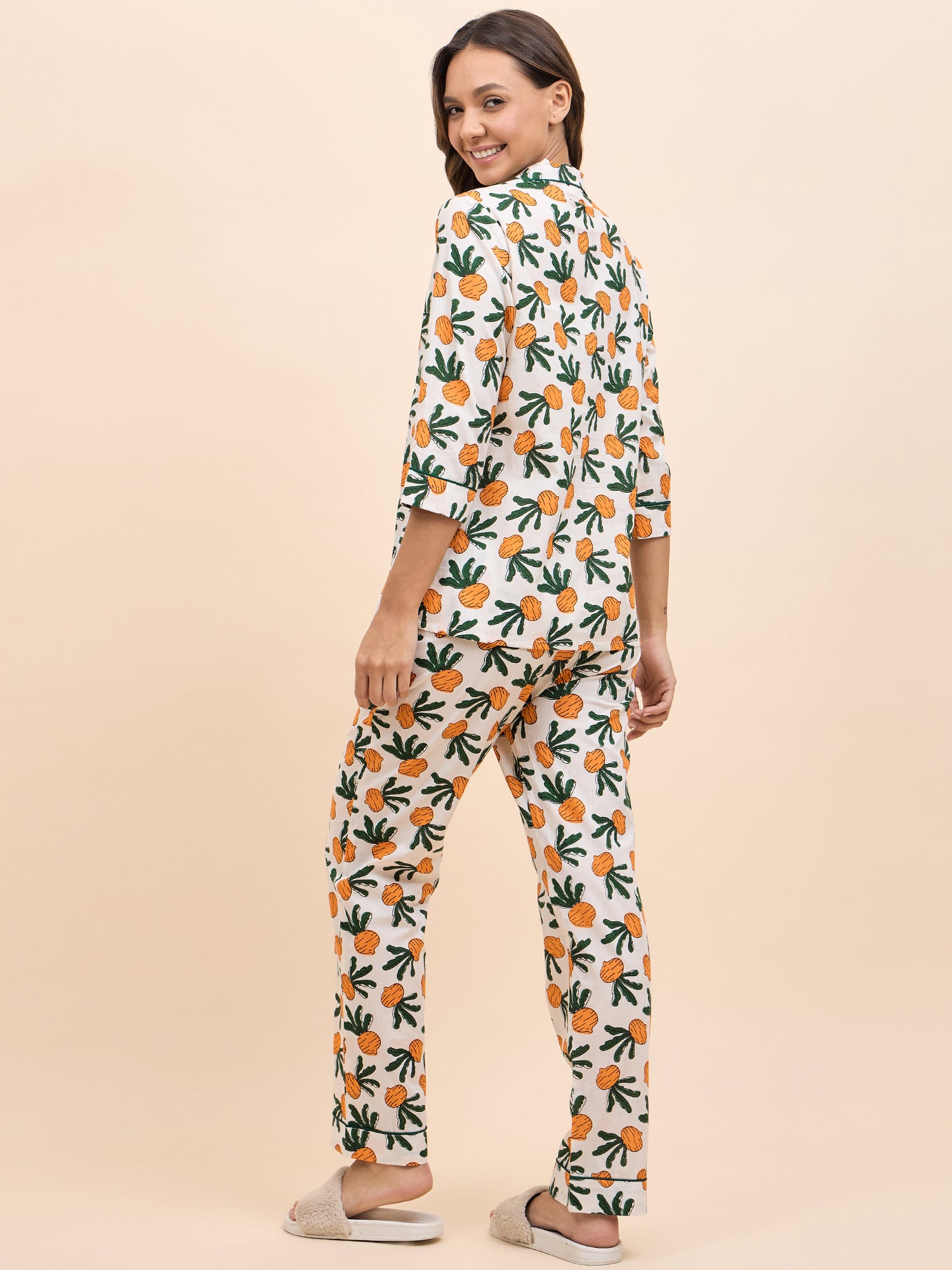 Shirt Pyjama Set in Orange Color Fruit Print