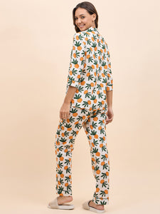 Shirt Pyjama Set in Orange Color Fruit Print