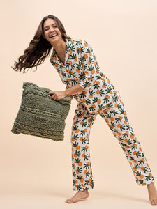 Shirt Pyjama Set in Orange Color Fruit Print