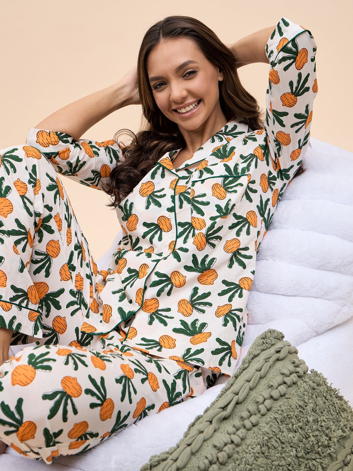 Shirt Pyjama Set in Orange Color Fruit Print