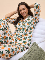 Shirt Pyjama Set in Orange Color Fruit Print