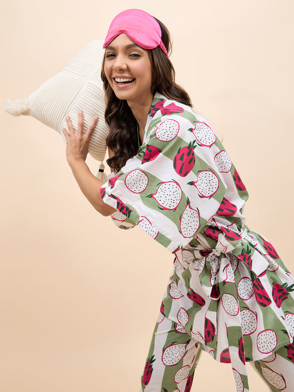 Kurta Pyjama with Kaftan Overlay Set in Green and Pink DragonFruit Print