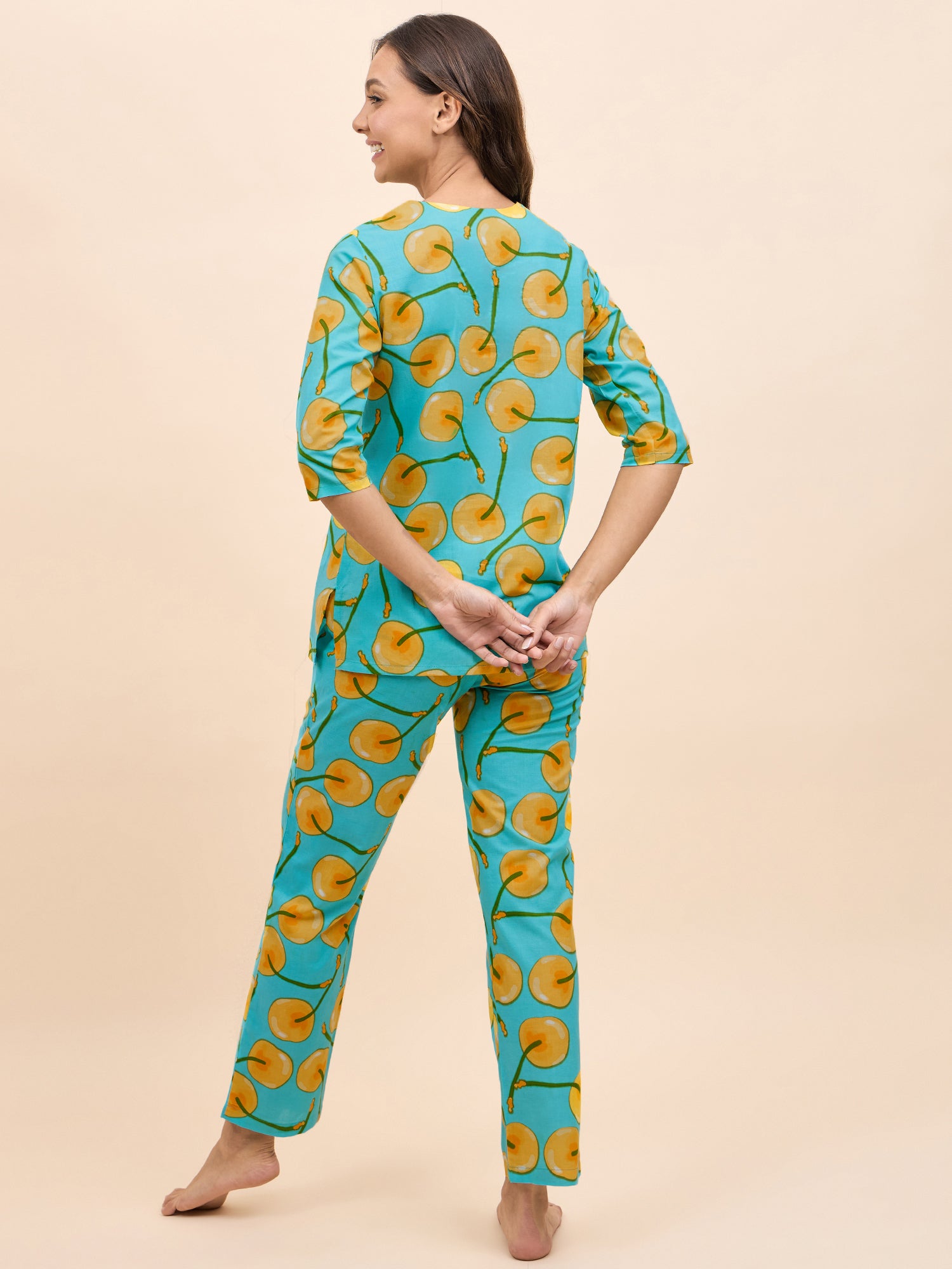 Kurta Pyjama Set in Yellow Fruit Print