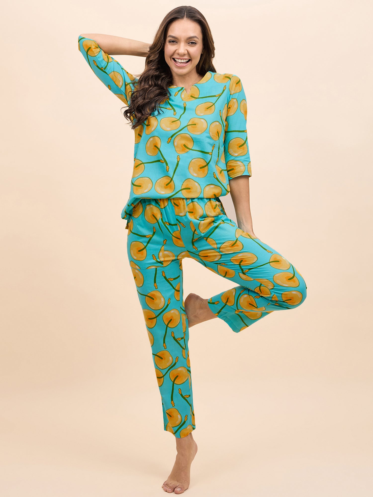 Kurta Pyjama Set in Yellow Fruit Print