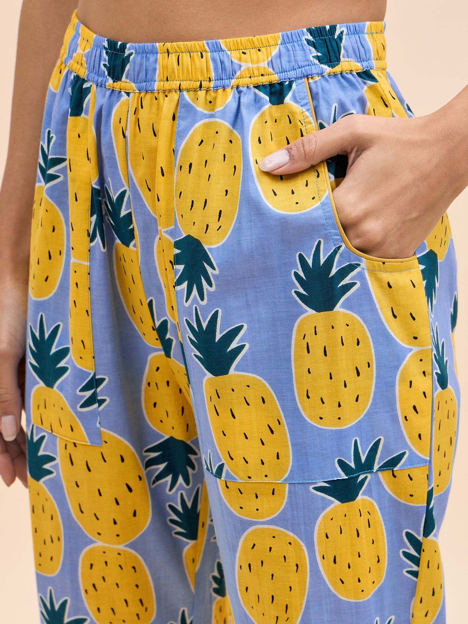 Shirt Pyjama Set in Blue and Yellow Pineapple Print
