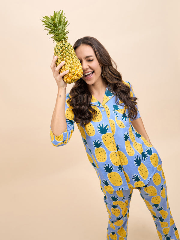 Shirt Pyjama Set in Blue and Yellow Pineapple Print