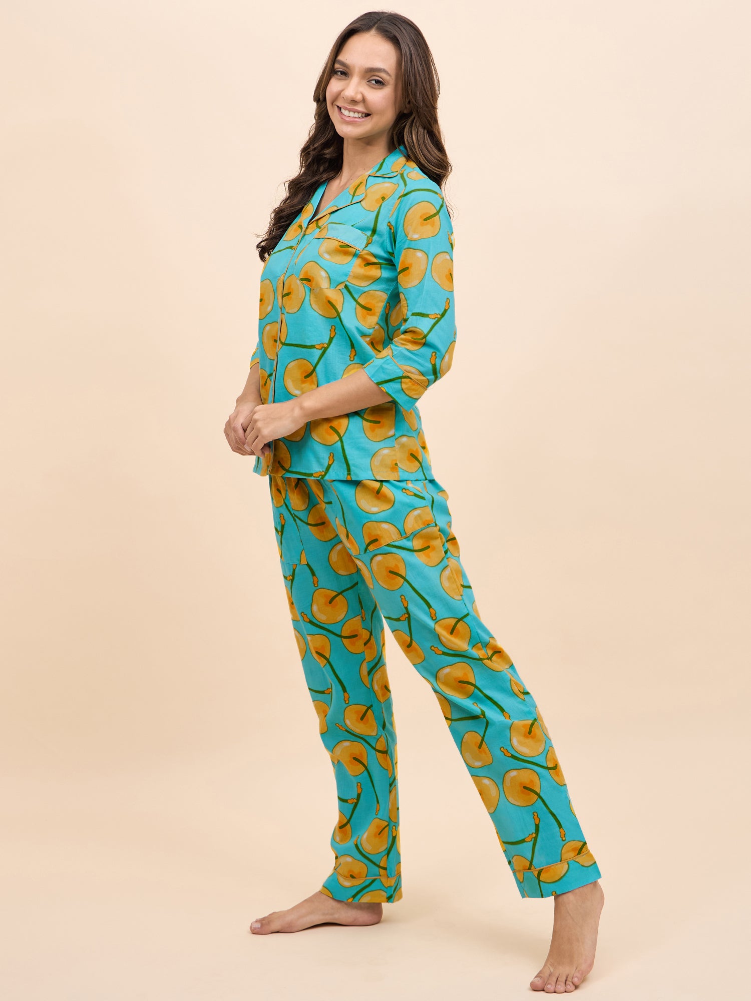 Shirt Pyjama Set in Yellow Fruit Print