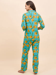 Shirt Pyjama Set in Yellow Fruit Print