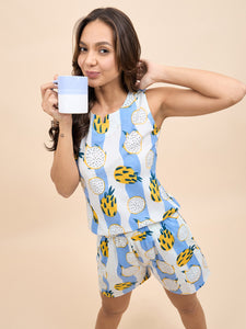 Kurta Shorts Set in Blue and Yellow DragonFruit Print