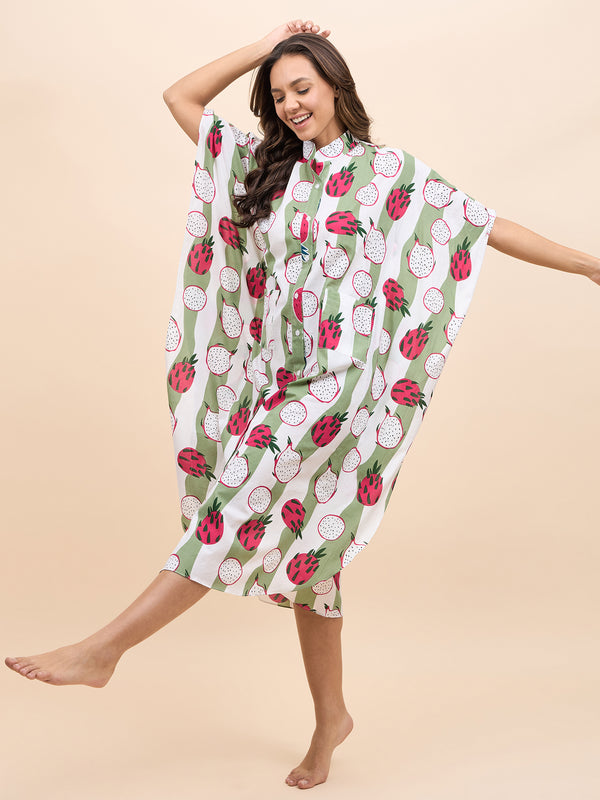 Long Kaftan Dress in Green and Pink DragonFruit Print