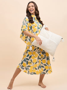Long Kaftan Dress in Yellow Lemon Print