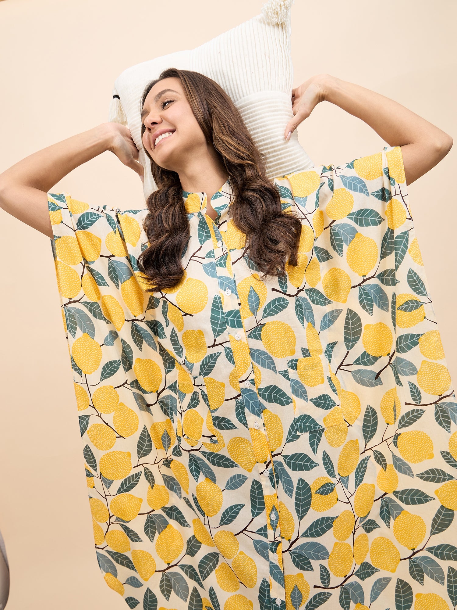 Long Kaftan Dress in Yellow Lemon Print