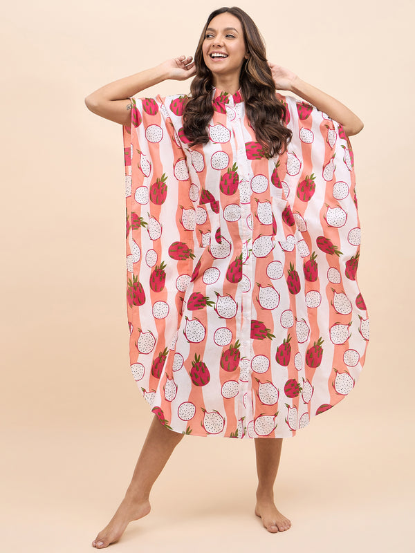 Long Kaftan Dress in Peach and Pink Dragonfruit Print