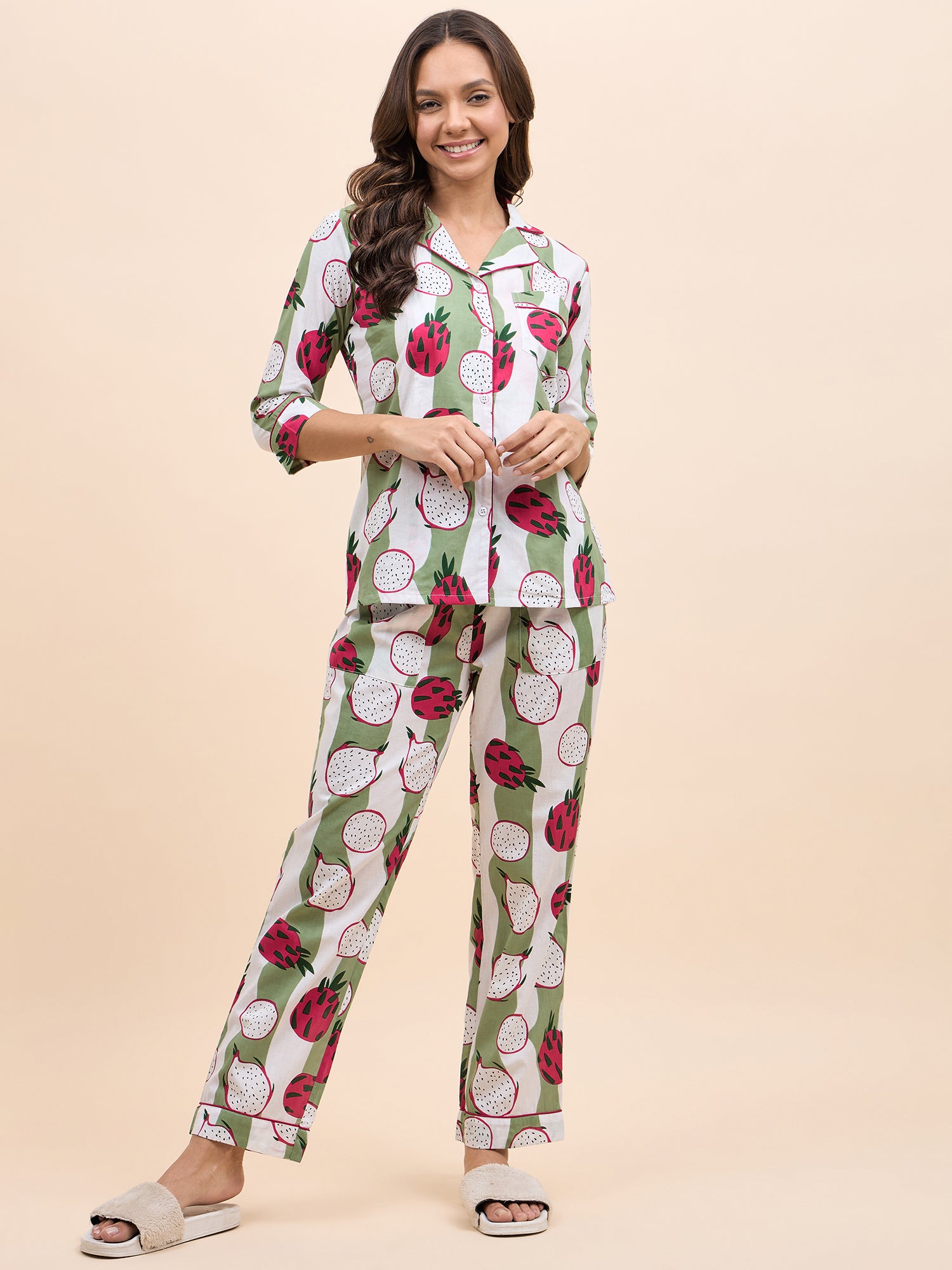 Shirt Pyjama Set in Green and Pink DragonFruit Print