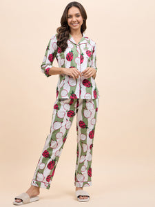 Shirt Pyjama Set in Green and Pink DragonFruit Print