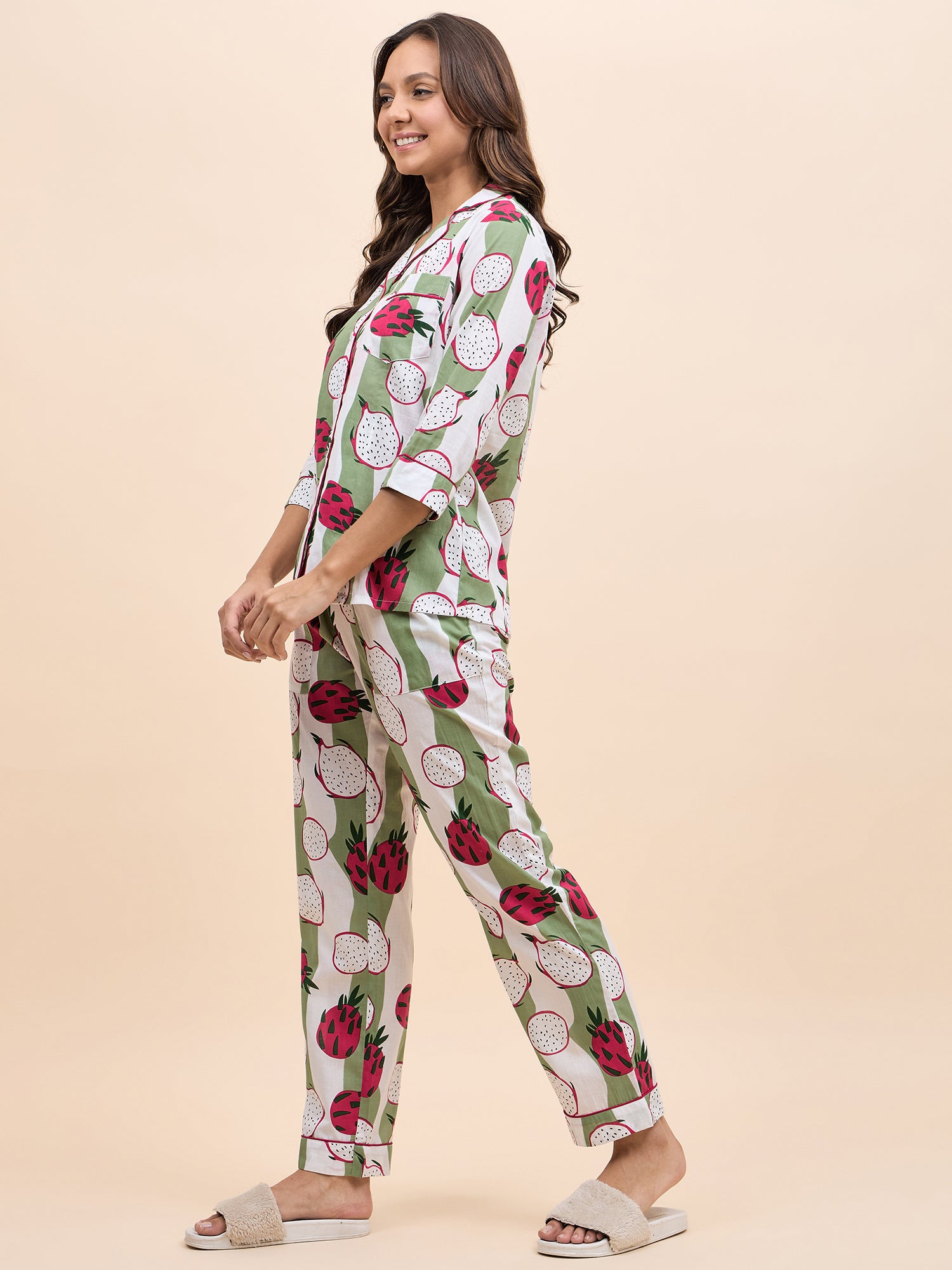 Shirt Pyjama Set in Green and Pink DragonFruit Print