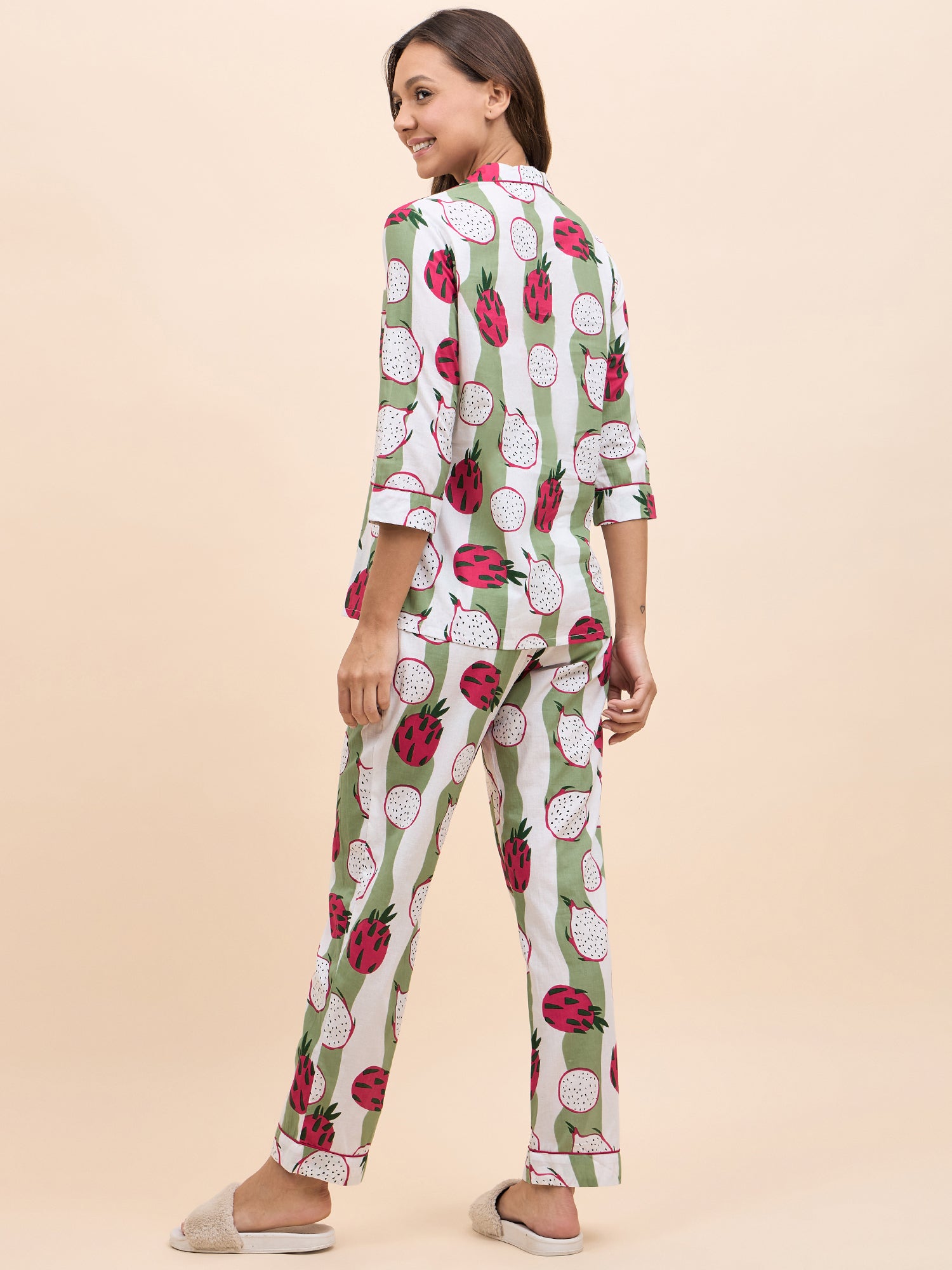 Shirt Pyjama Set in Green and Pink DragonFruit Print
