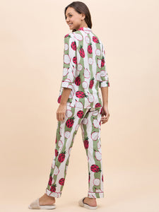 Shirt Pyjama Set in Green and Pink DragonFruit Print