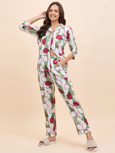 Shirt Pyjama Set in Green and Pink DragonFruit Print