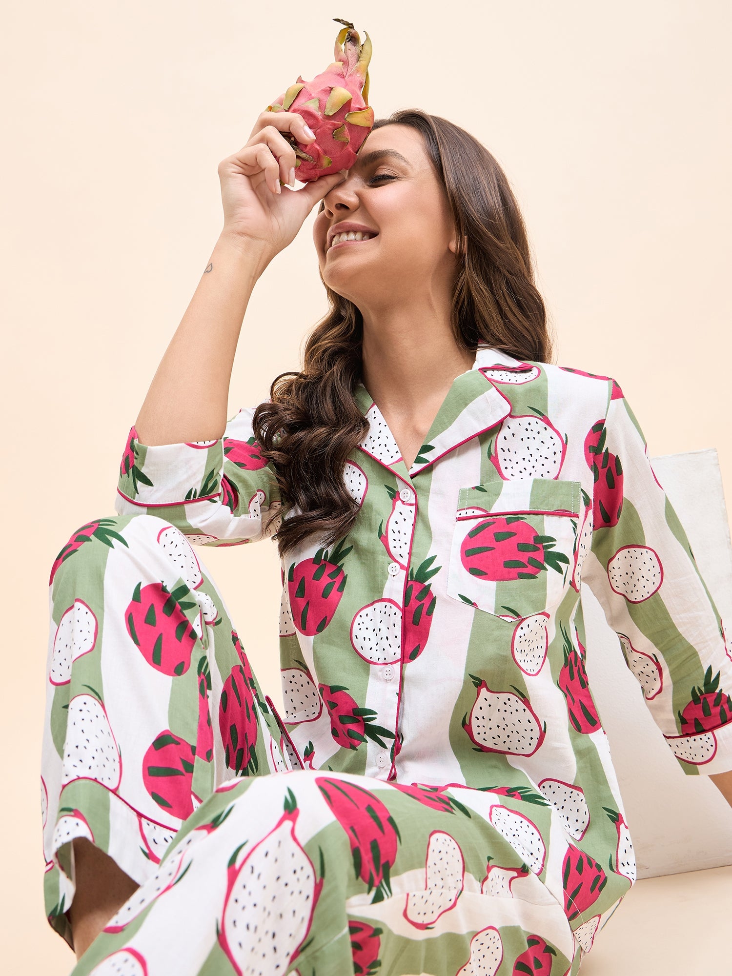 Shirt Pyjama Set in Green and Pink DragonFruit Print
