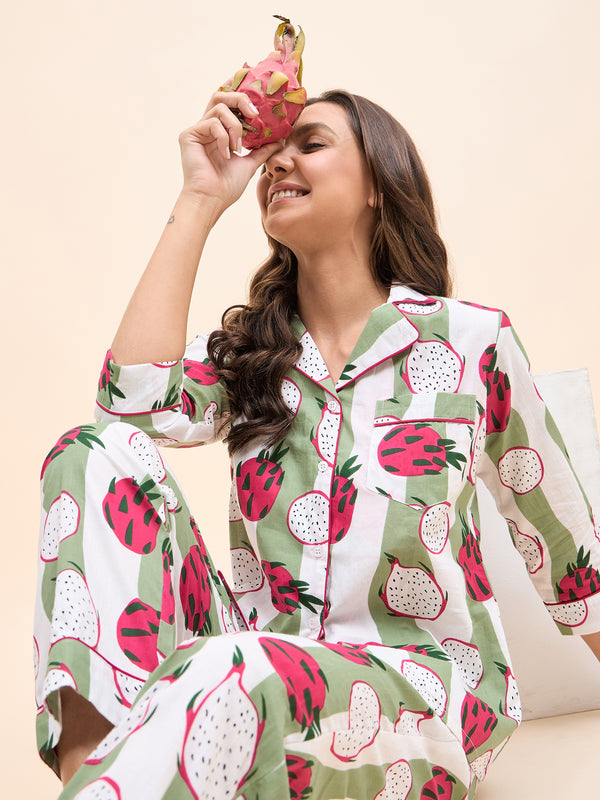 Shirt Pyjama Set in Green and Pink DragonFruit Print