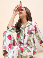 Shirt Pyjama Set in Green and Pink DragonFruit Print