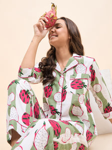 Shirt Pyjama Set in Green and Pink DragonFruit Print