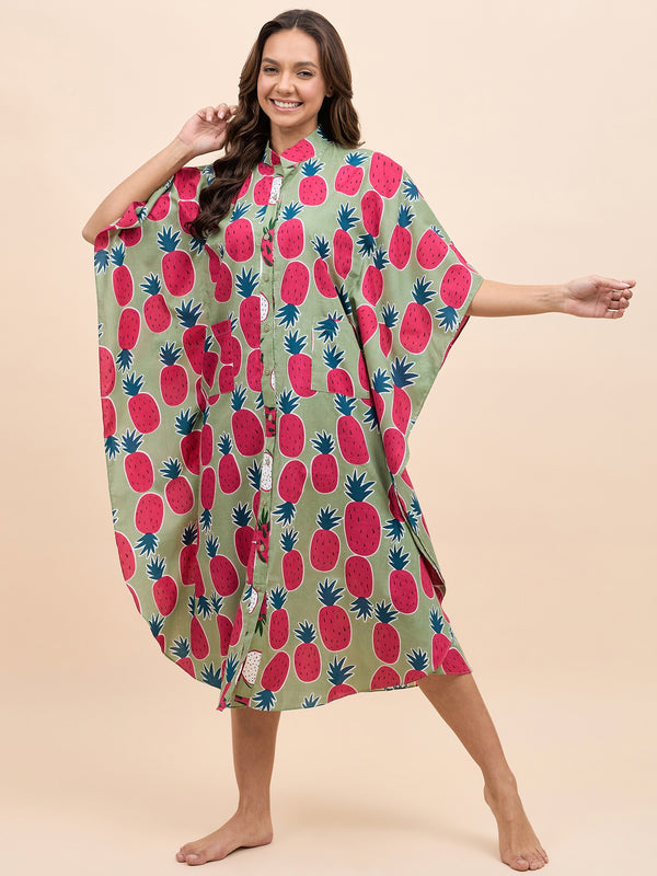 Long Kaftan Dress in Green and Pink Pineapple Print