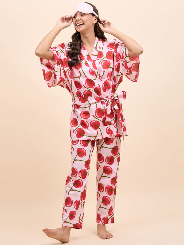 Kurta Pyjama with Kaftan Overlay Set in Red Cherry Print
