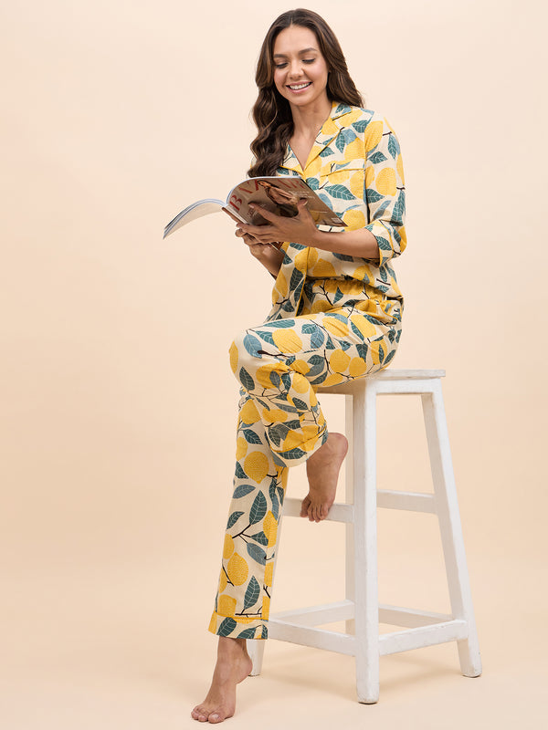Shirt Pyjama Set in Yellow Lemon Print