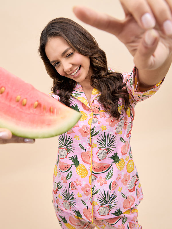 Shirt Pyjama Set in Pink Watermelon Print