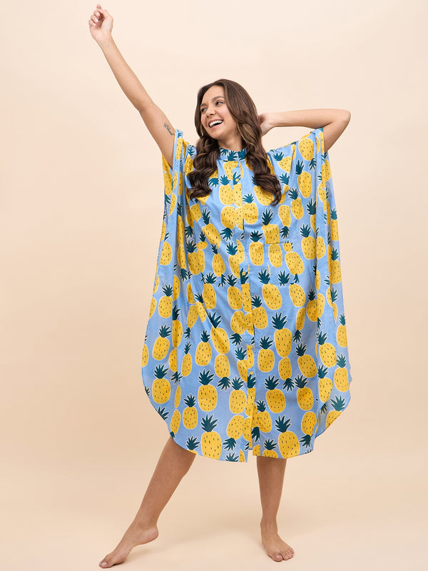 Long Kaftan Dress in Blue and Yellow Pineapple Print