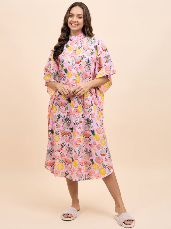 Long Kaftan Dress in Pink Watermelon Print