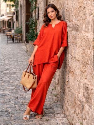 Pure Cotton Anti Fit Kaftan Top with Flare Pants in Rust
