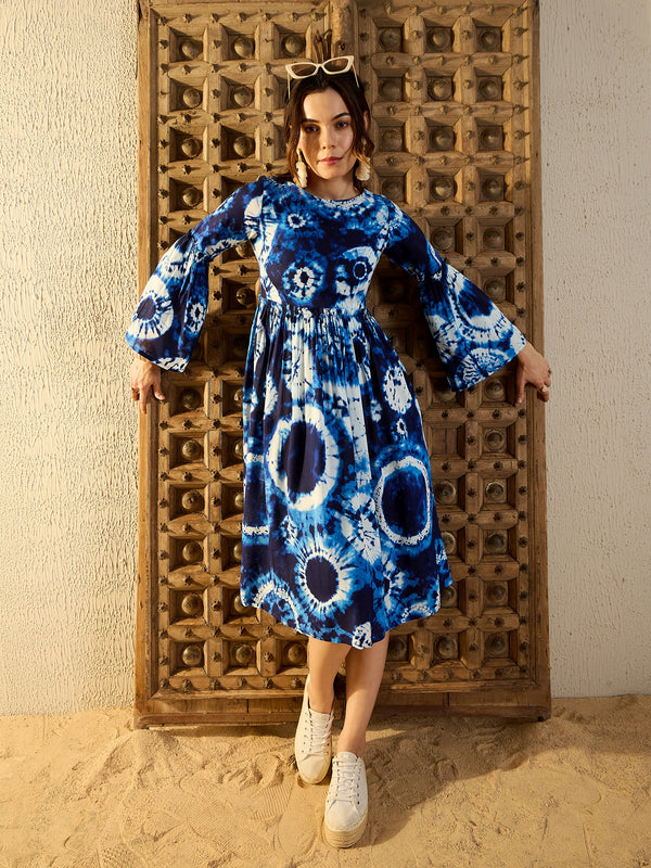 Bell Sleeve Midi Dress in Blue Tie & Dye